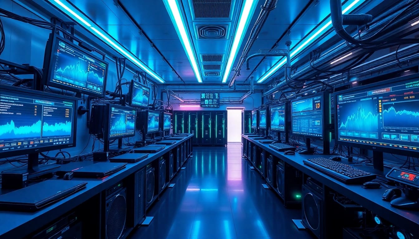Crypto mining facility with advanced rigs and digital screens showcasing mining stats and cryptocurrency prices.
