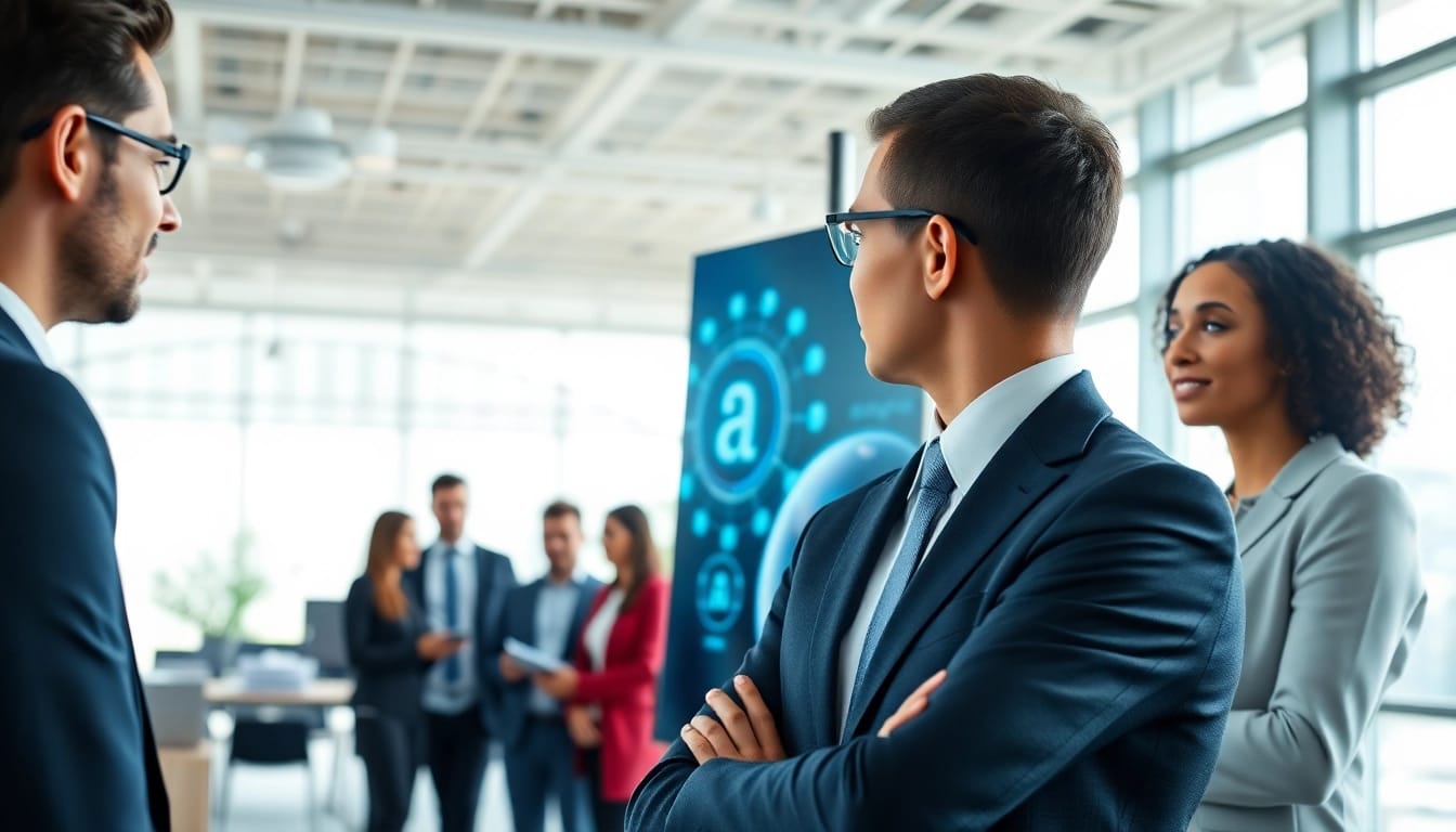 A modern enterprise assistant visually aiding business professionals in a streamlined office environment.