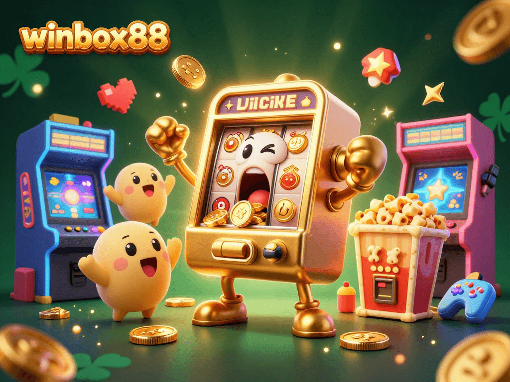 Winbox88 slot machine hits jackpot, overflowing with coins in a vibrant casino scene.