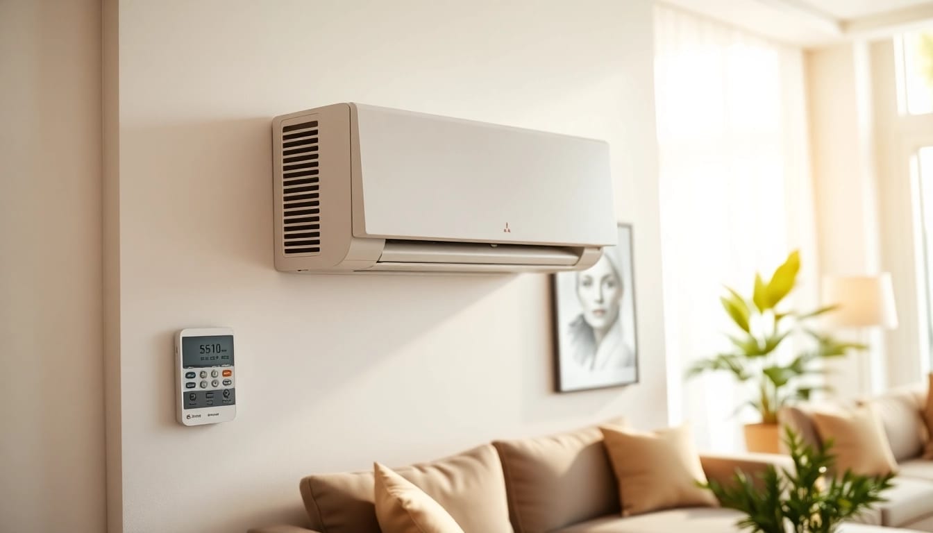 Install Mitsubishi mini split AC efficiently in a stylish living room with vibrant decor.