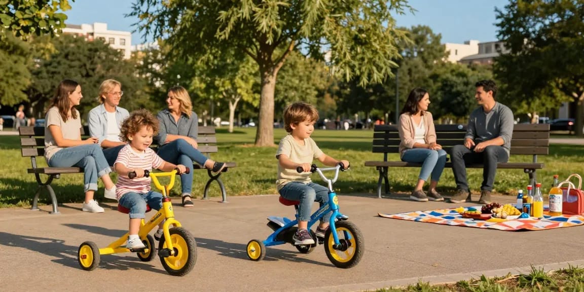 Children joyfully riding the best kids tricycles in a sunny park setting