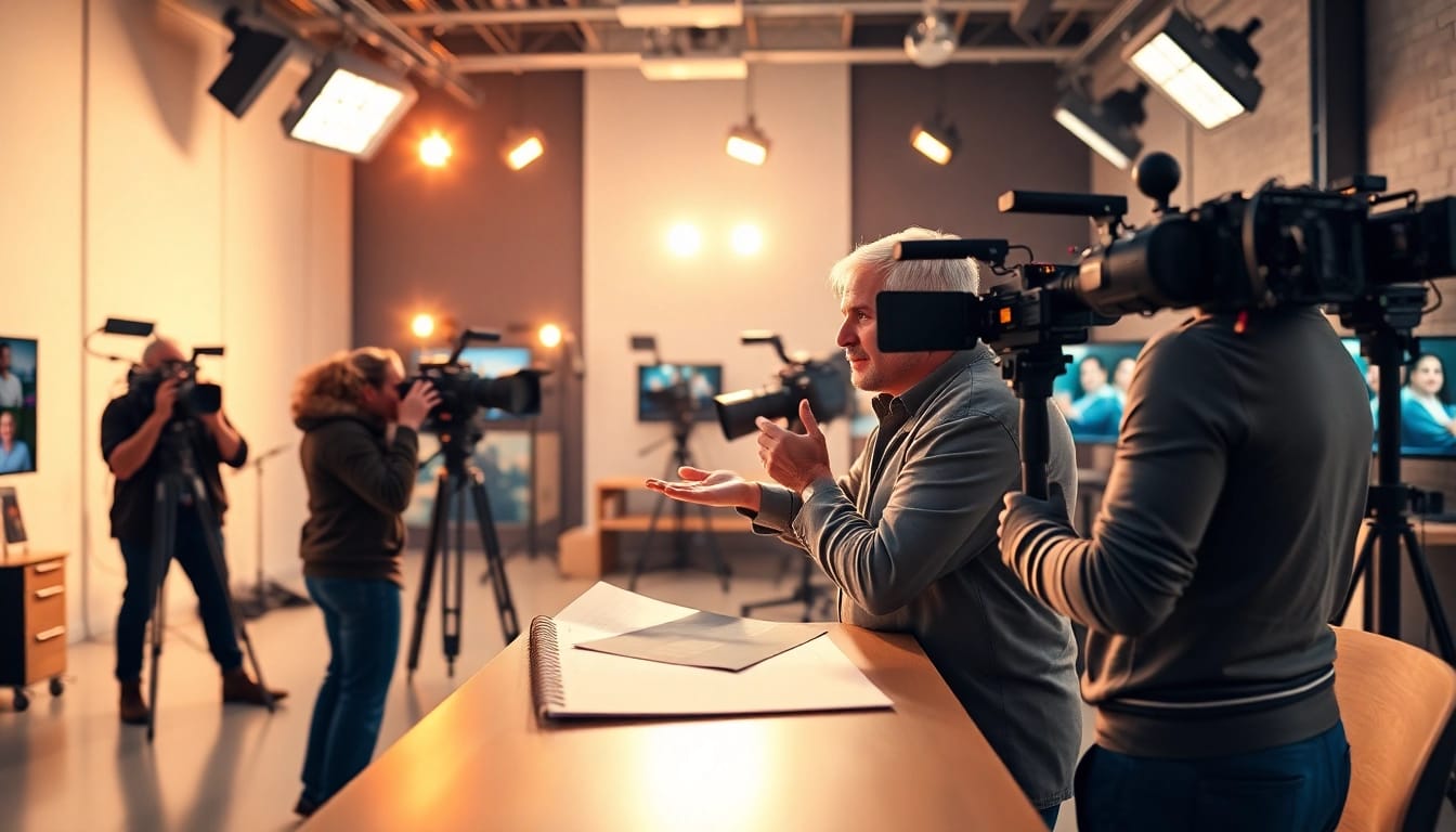 Capture the essence of Corporate Video Production showing a dynamic team at work in a modern studio.
