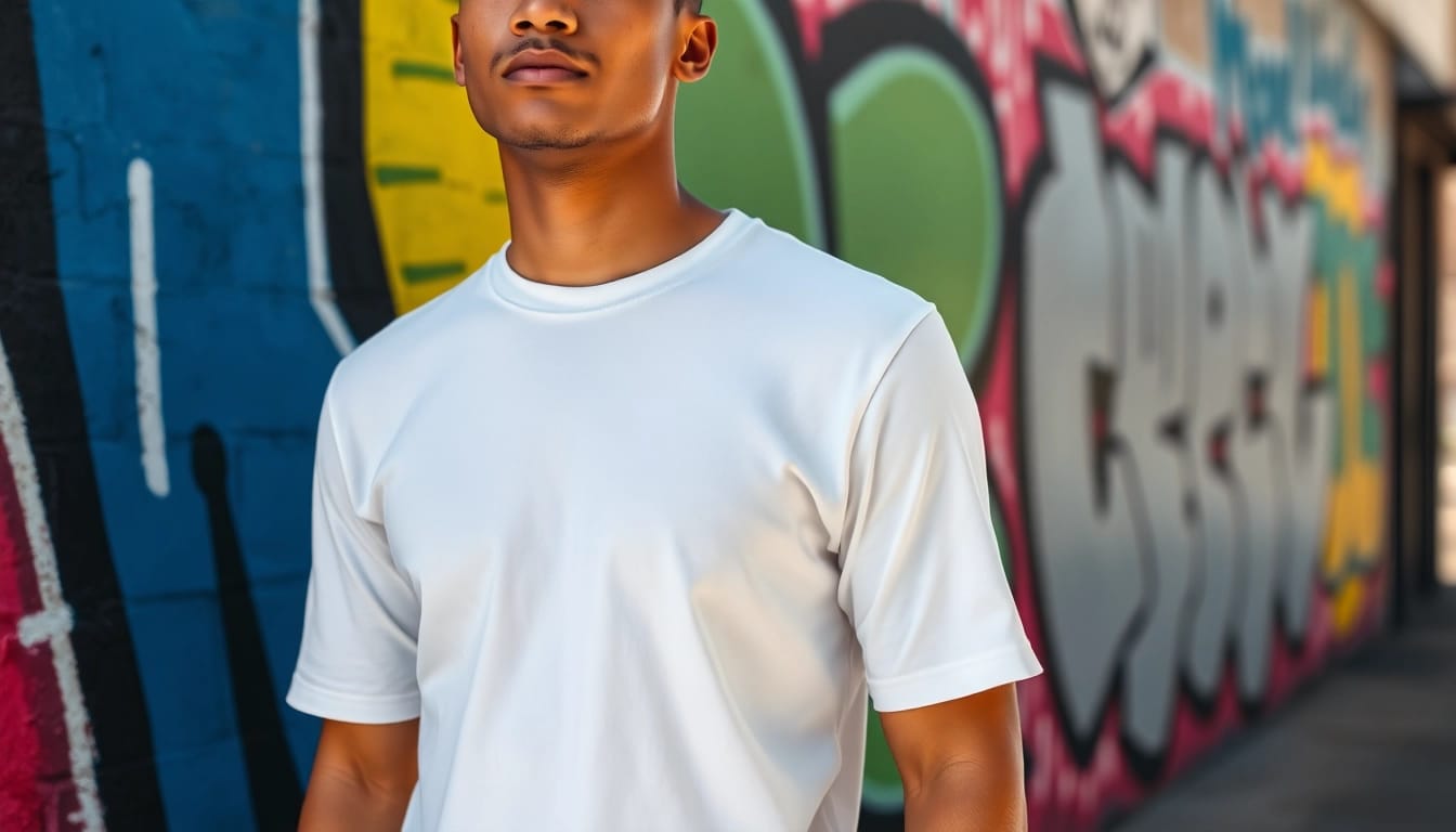 Model showcasing a blank white t shirt against a colorful urban backdrop near graffiti.