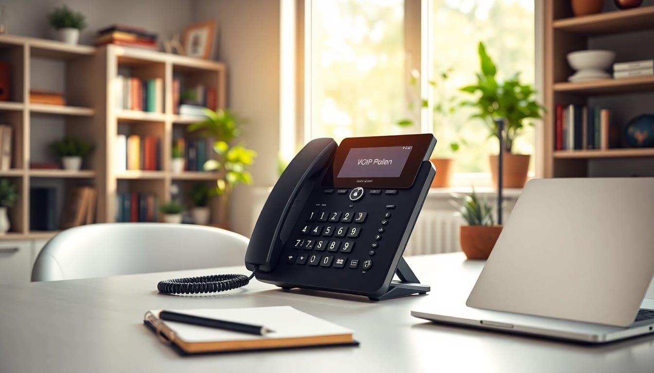 Showcasing uk home voip setup with a sleek phone on a modern desk adorned with greenery.
