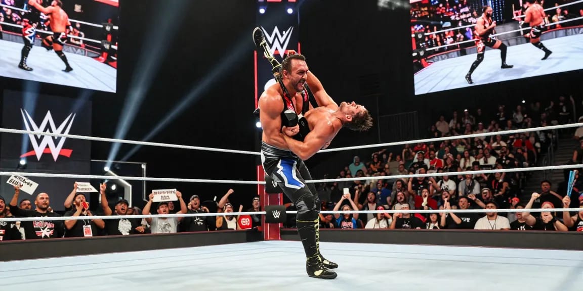 LA Knight performing an intense wrestling move in the ring, captivating the audience.