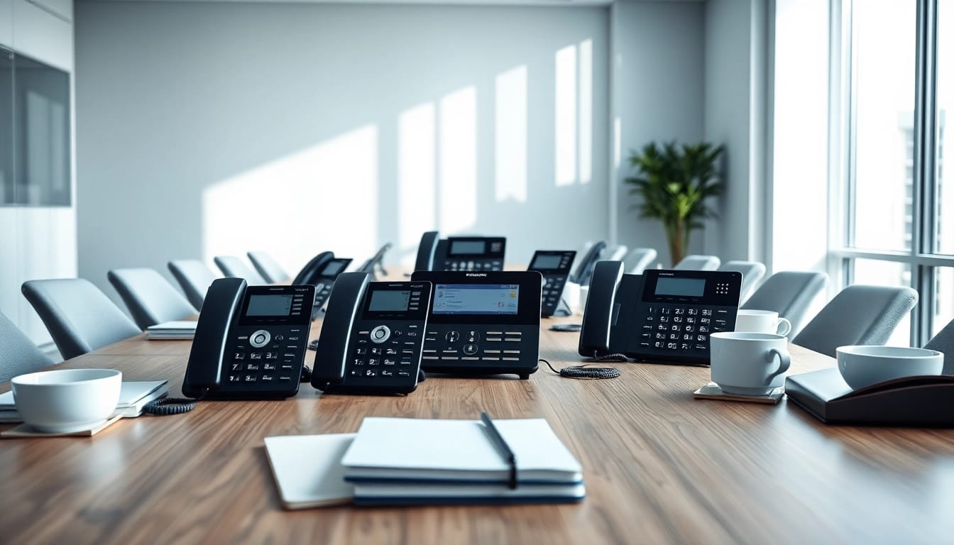Showcasing a business phone system setup with modern devices in a professional office.