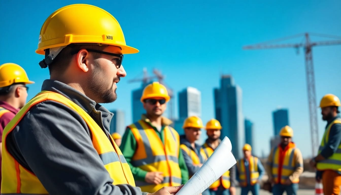 A skilled New Jersey Construction Manager evaluating project plans on a busy construction site.
