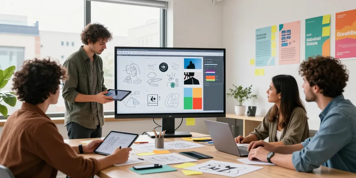 Creative professionals using mixboard at a modern workspace for collaboration and brainstorming.