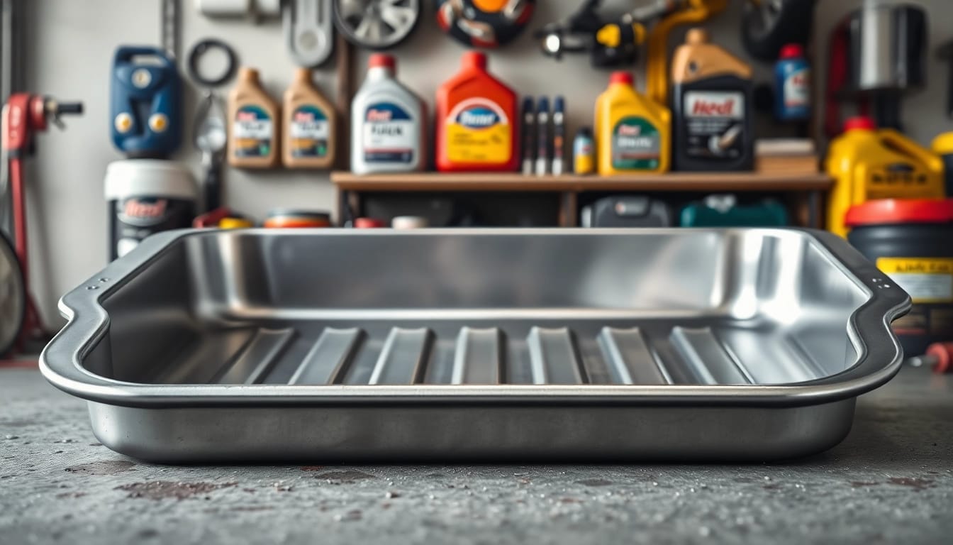 Efficient oil drain pan for automotive use with a polished finish and practical design.