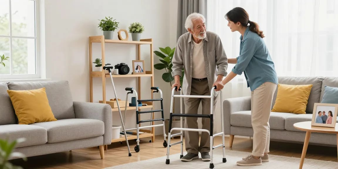 Senior man using walking aids助行用品 in a cozy living room with bright cushions and natural light.