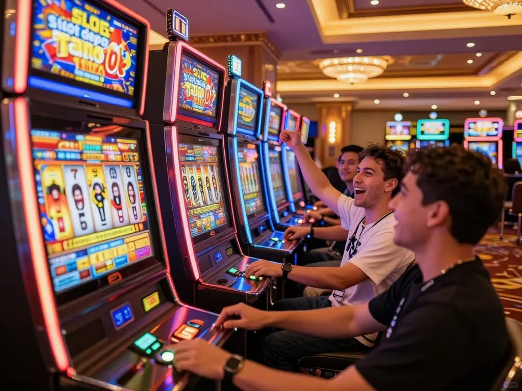 Players enjoying the excitement of slot depo 10k at a vibrant casino, spinning reels on colorful machines.
