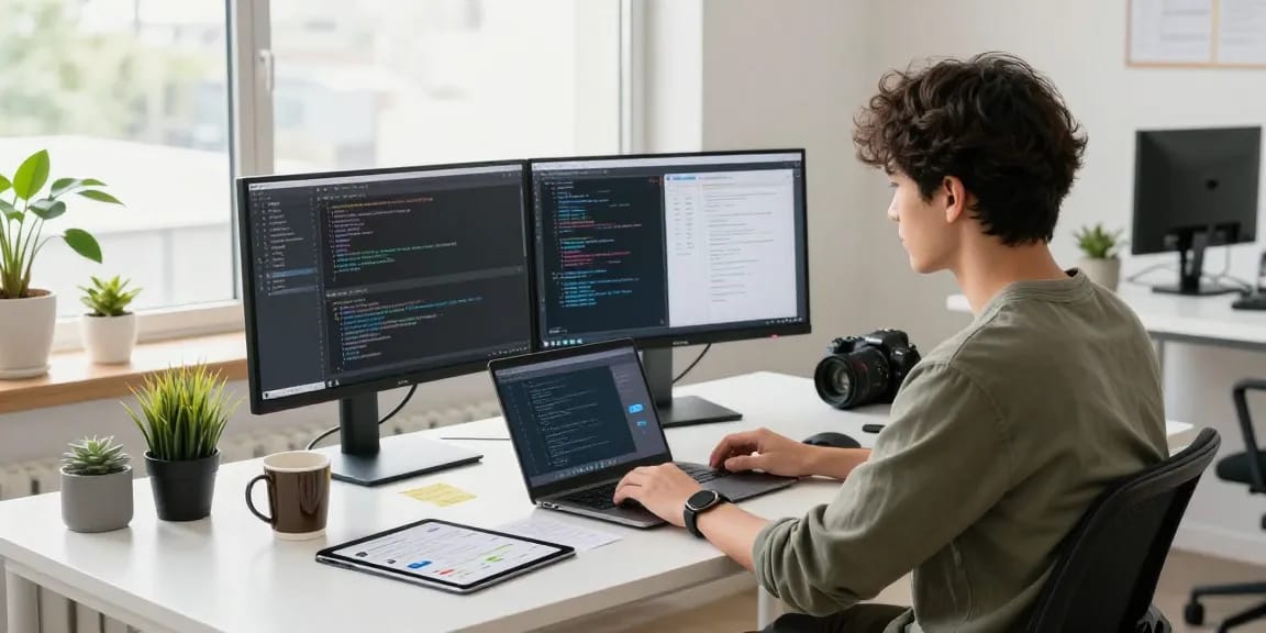 Developer coding Telegram中文版下载 software in a bright workspace.