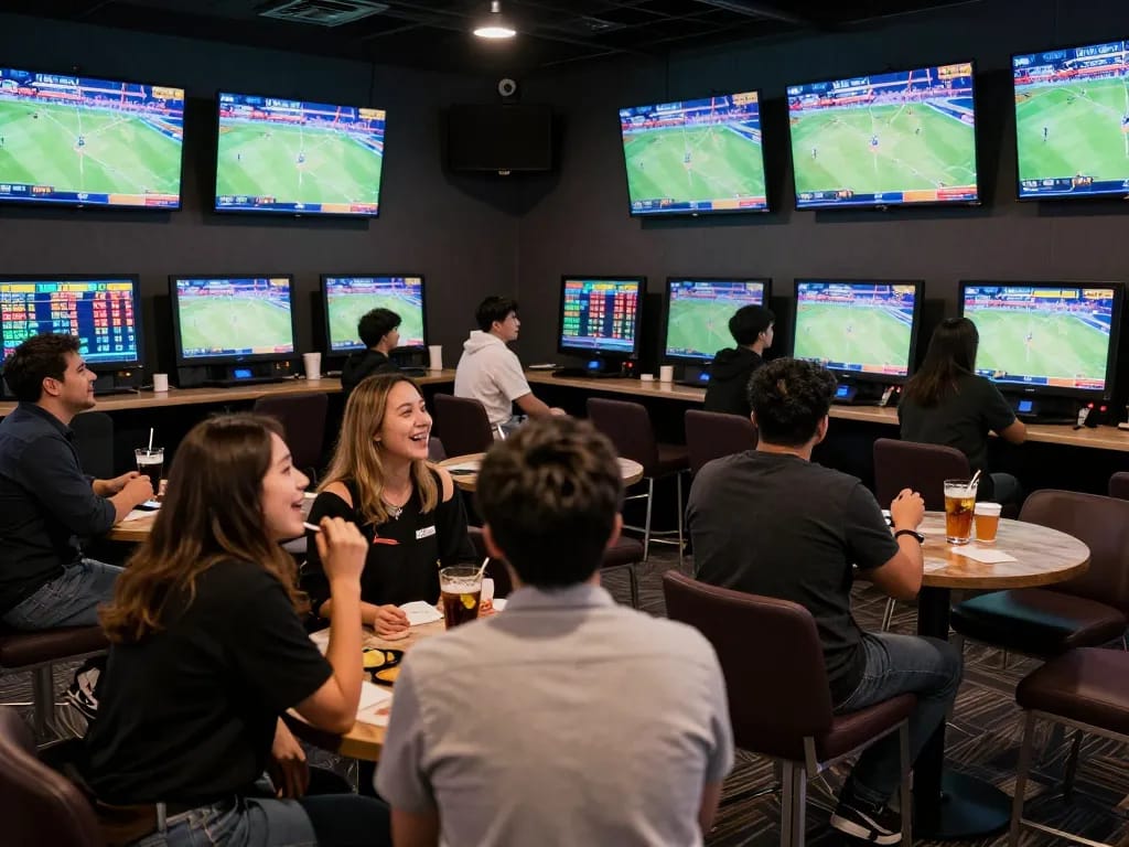 Sports fans placing bets at zx88com sports lounge with multiple live screens.