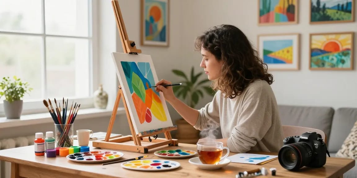 Artist painting pictures on a vibrant paint by numbers canvas in a cozy home studio.