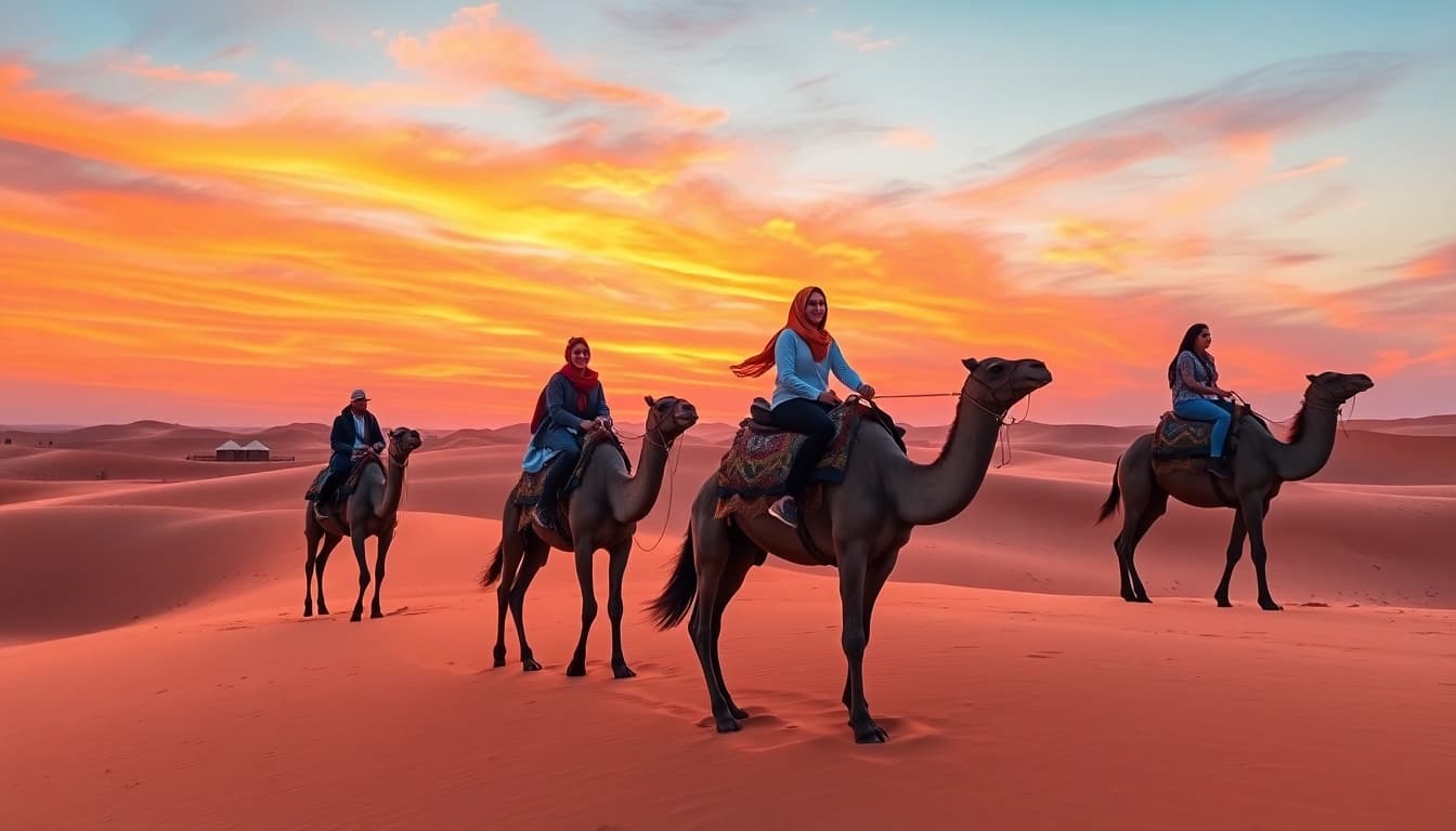Marrakech camel ride and quad biking in the Agafay Desert at sunset, capturing the adventure and beauty of the experience.