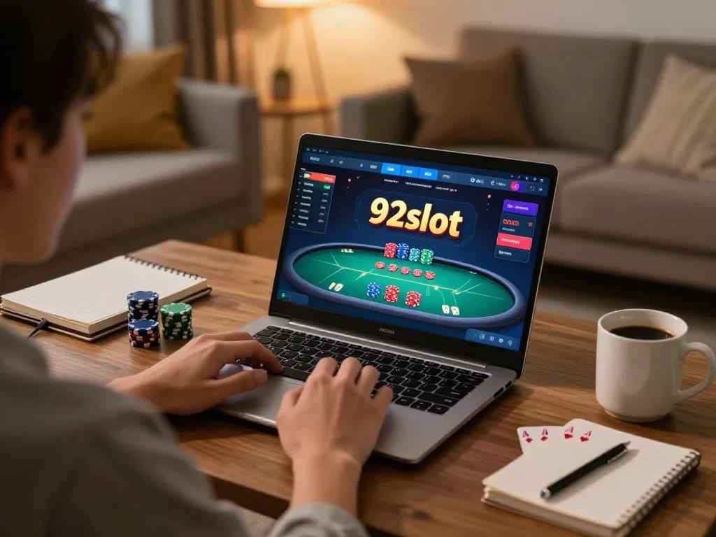 Engaging in online gaming at 92slot, a comfortable home setup showing poker chips and strategic notes.
