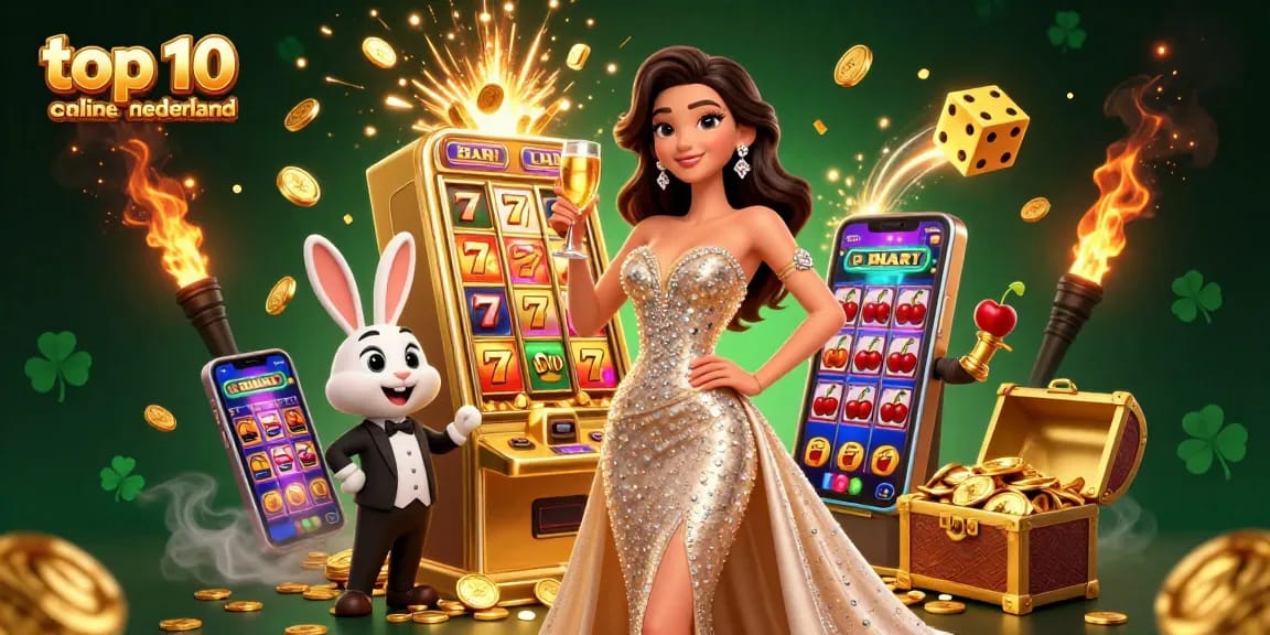 Celebrate winnings at the top 10 online casino nederland, featuring a glamorous atmosphere with a jackpot slot machine.