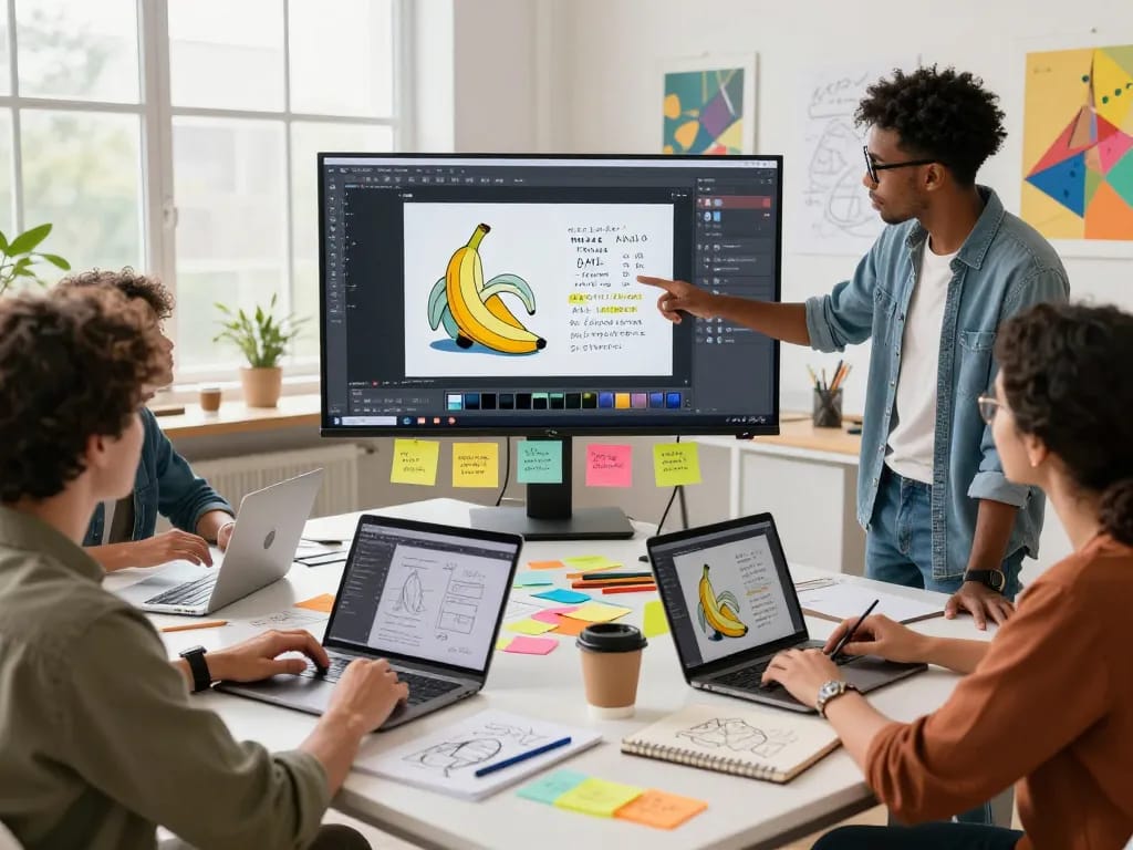 Artists using the nano banana AI image editor for collaborative digital artwork creation in a bright studio.