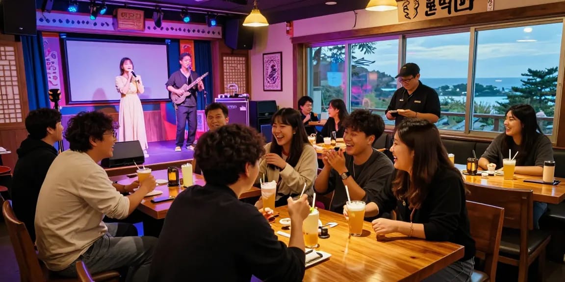 제주 유흥의 즐거운 분위기 속에서 친구들과 함께 노래하는 장면