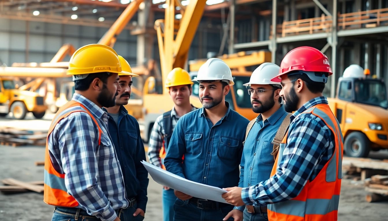 Construction association South Carolina workers collaborating on-site with blueprints and machinery.