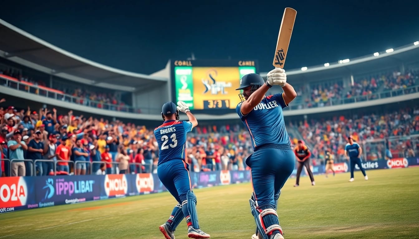 IPL predict and win during a cricket match, showcasing a player hitting a six with fans celebrating.