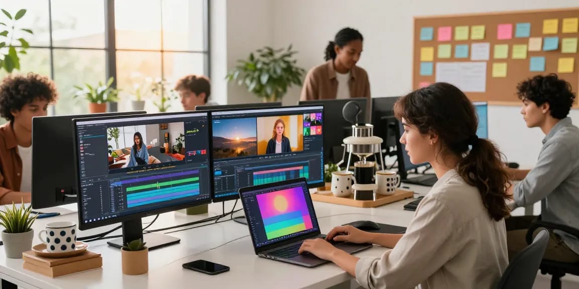 Team utilizing Seedance 2.0 in a vibrant creative workspace to produce engaging videos collaboratively.