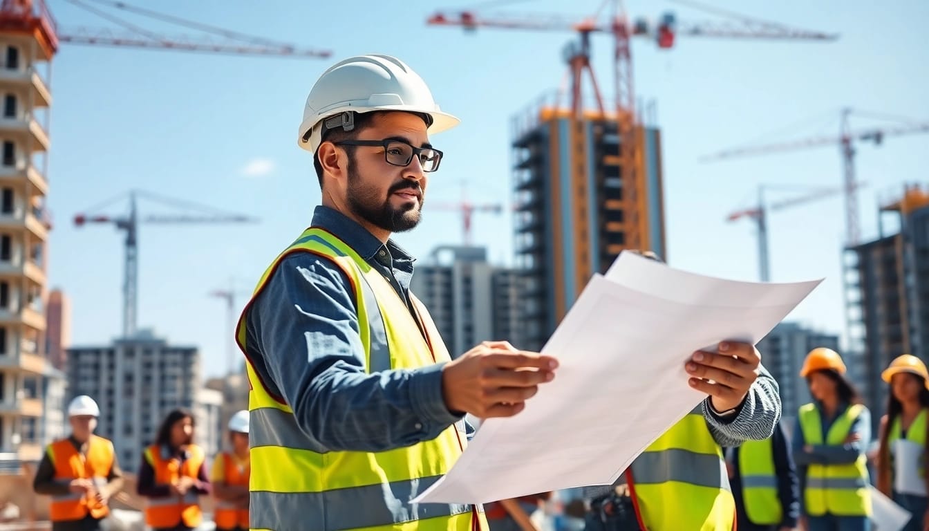 Residential building developer consulting at a construction site, emphasizing teamwork in urban development.