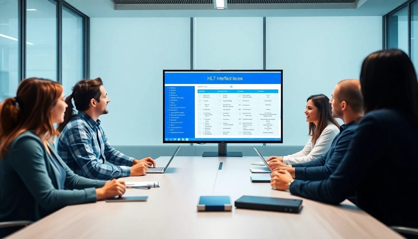 Veranschaulichen Sie die Zusammenarbeit bei HL7 Interface-Protokollen in einem modernen Büro.