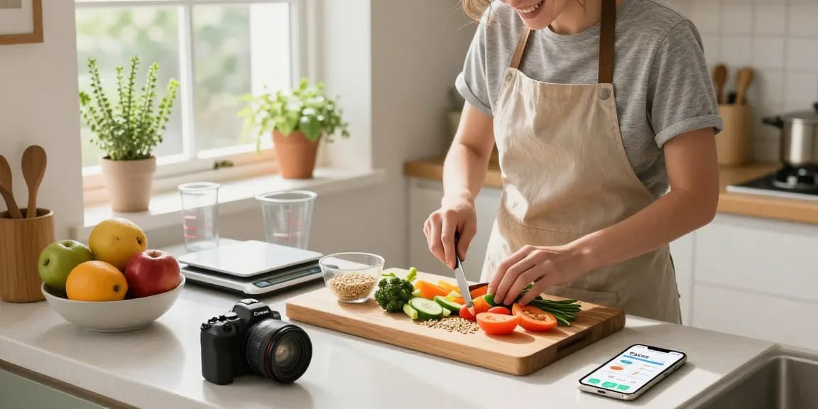 The best calorie tracker displayed on a smartphone in a bright kitchen while a cook prepares healthy ingredients.
