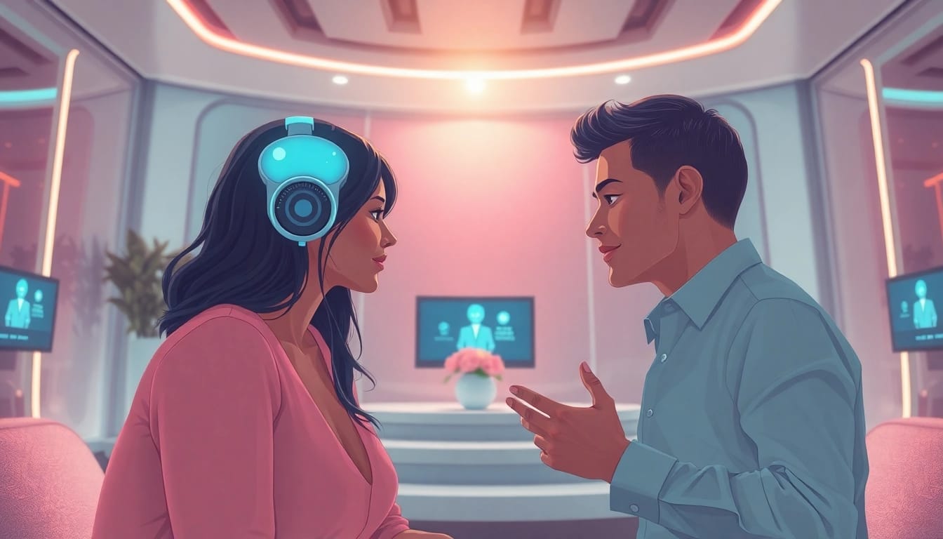 Experience the interplay of human interaction and sex AI in a futuristic digital space.