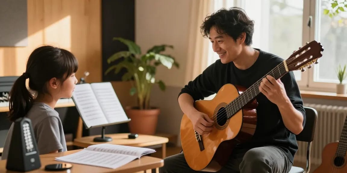 Engaging classical guitar lesson with a certified teacher online in a cozy home studio.