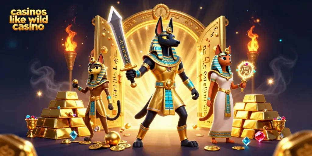 Experience the excitement at casinos like wild casino in this vibrant 3D illustration filled with gold treasures.