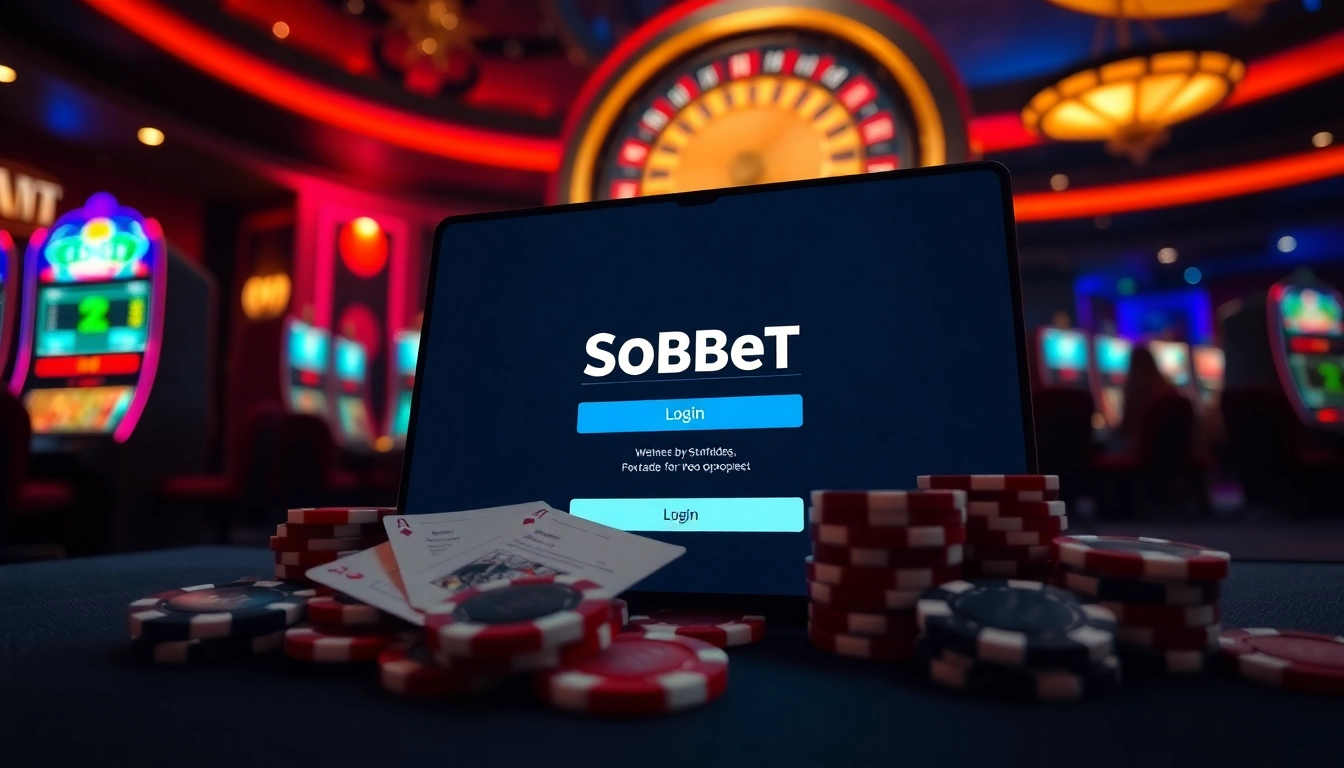 Engaging sbobet login interface amidst vibrant casino elements for online betting.