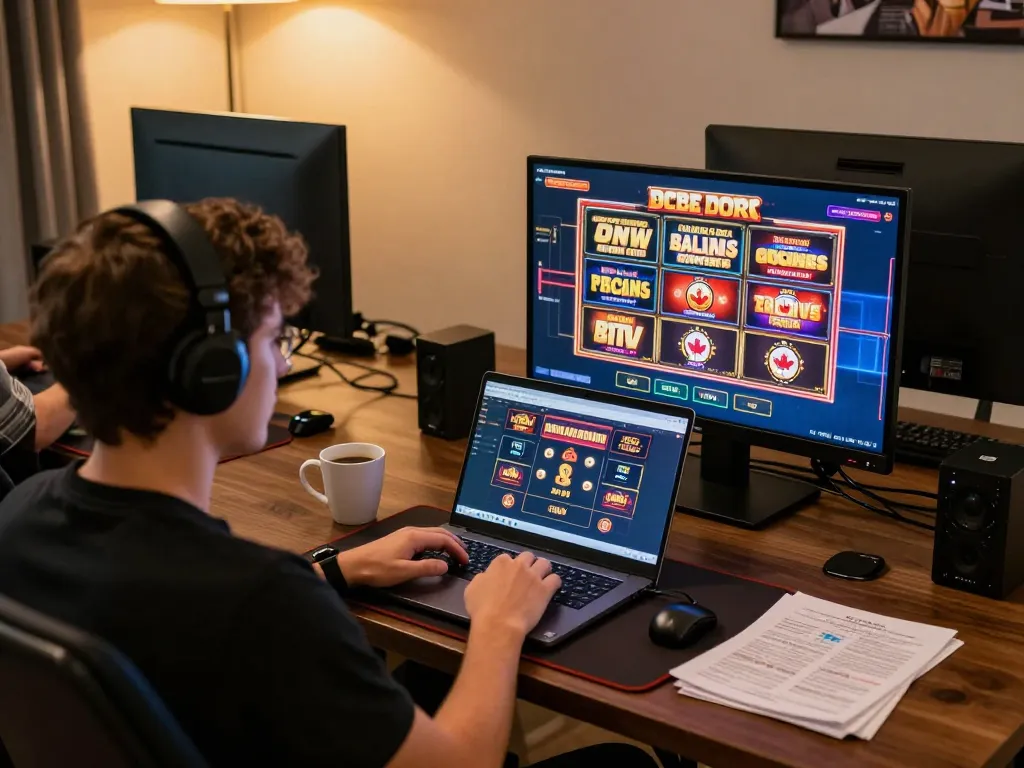 Playing online casinos in Canada reddit on laptop with strategy notes in cozy room.