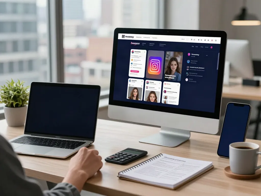 Anonymously viewing Instagram stories with Insanony in a modern workspace.