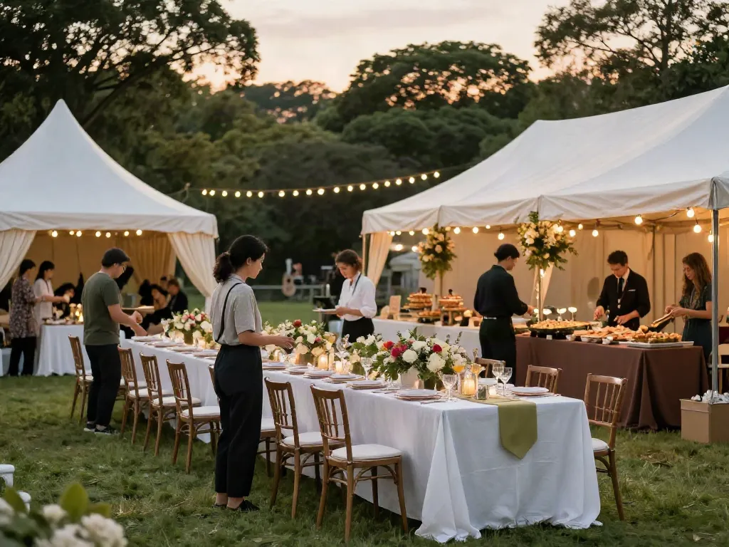 Event rentals setup featuring elegant tents and gourmet food at sunset in a beautiful park