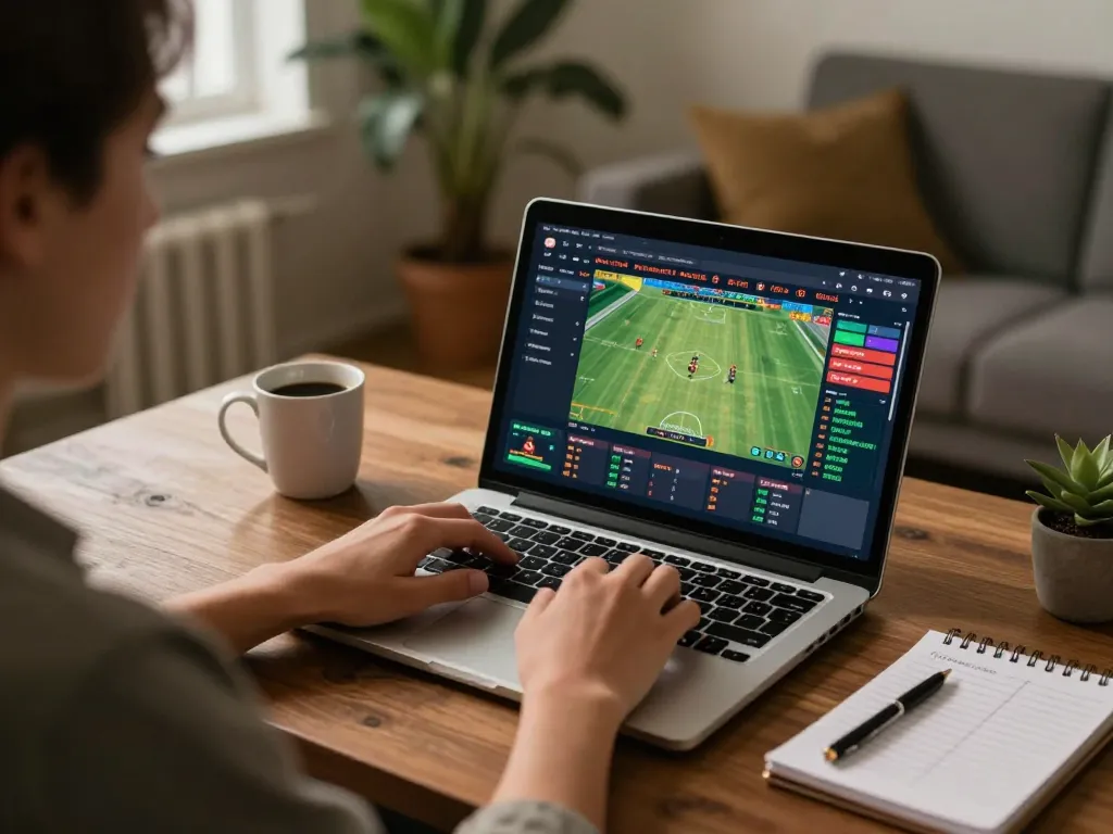 Bet on QQ88 using a laptop while reviewing live sports betting options and notes in a cozy home office
