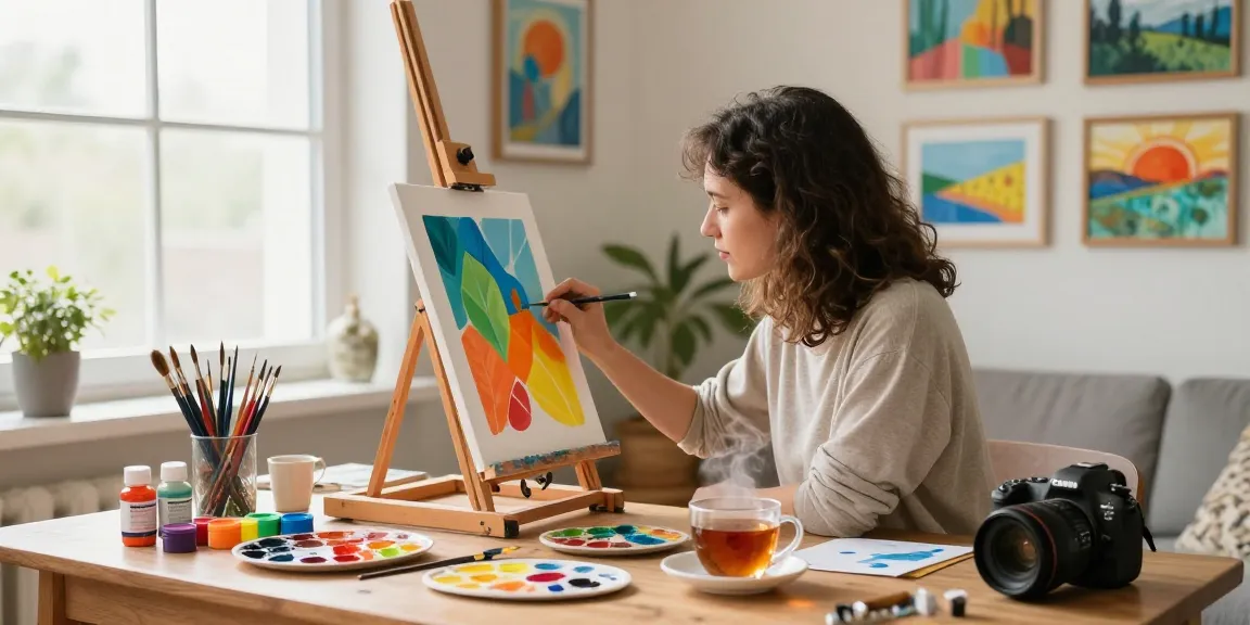 Artist painting pictures on a vibrant paint by numbers canvas in a cozy home studio.