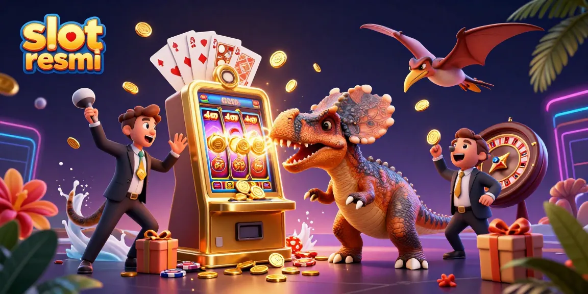 Engaging scene of pachycephalosaurus hitting a golden slot machine while pteranodon catches flying coins, representing slot resmi.