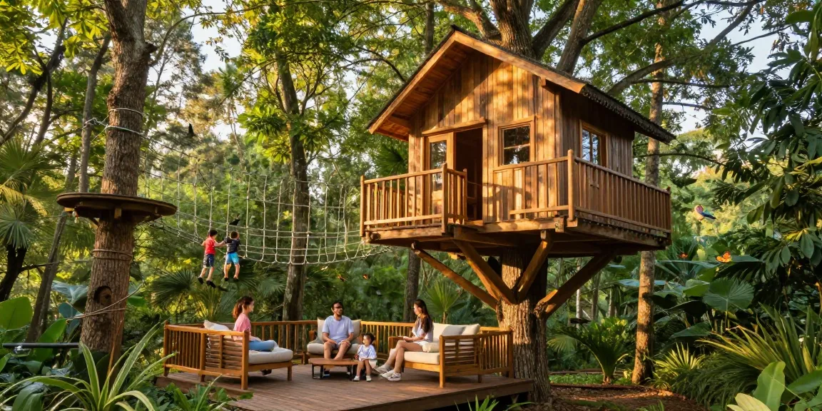 Experience tree house life with a family enjoying a luxurious treehouse nestled in nature, showcasing relaxation and adventure.