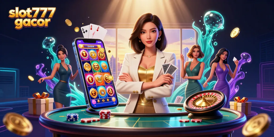 Experience the thrills with slot777 gacor, featuring a glamorous Asian woman, cards, coins, and dynamic gameplay elements.