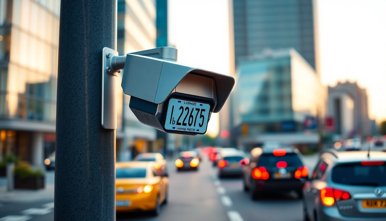 Showcase a license plate recognition camera in an urban environment capturing vehicle details effectively.