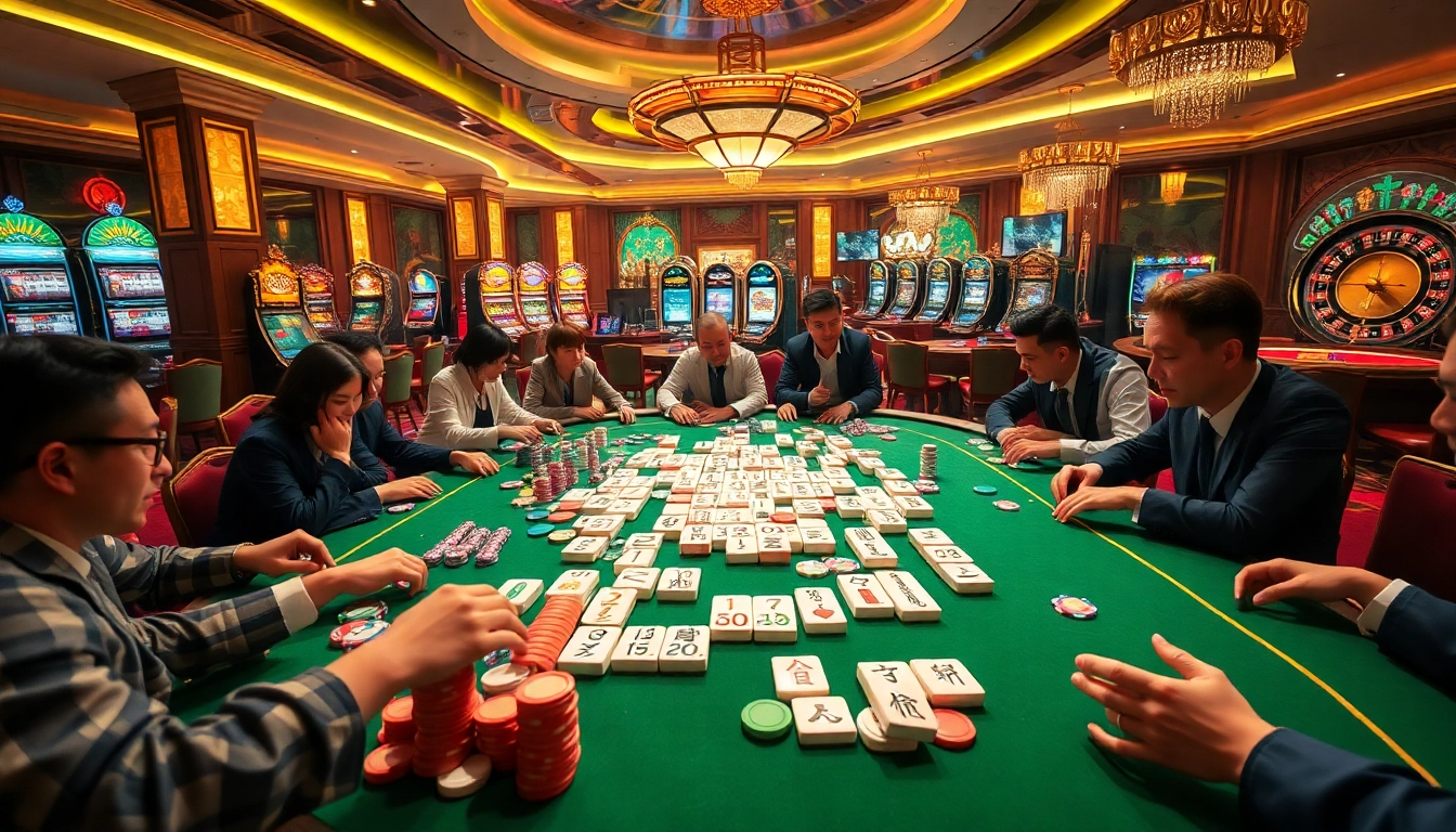 Players enjoying the thrilling mahjong ways 2 game at an upscale casino, showcasing vibrant tiles and colorful chips.