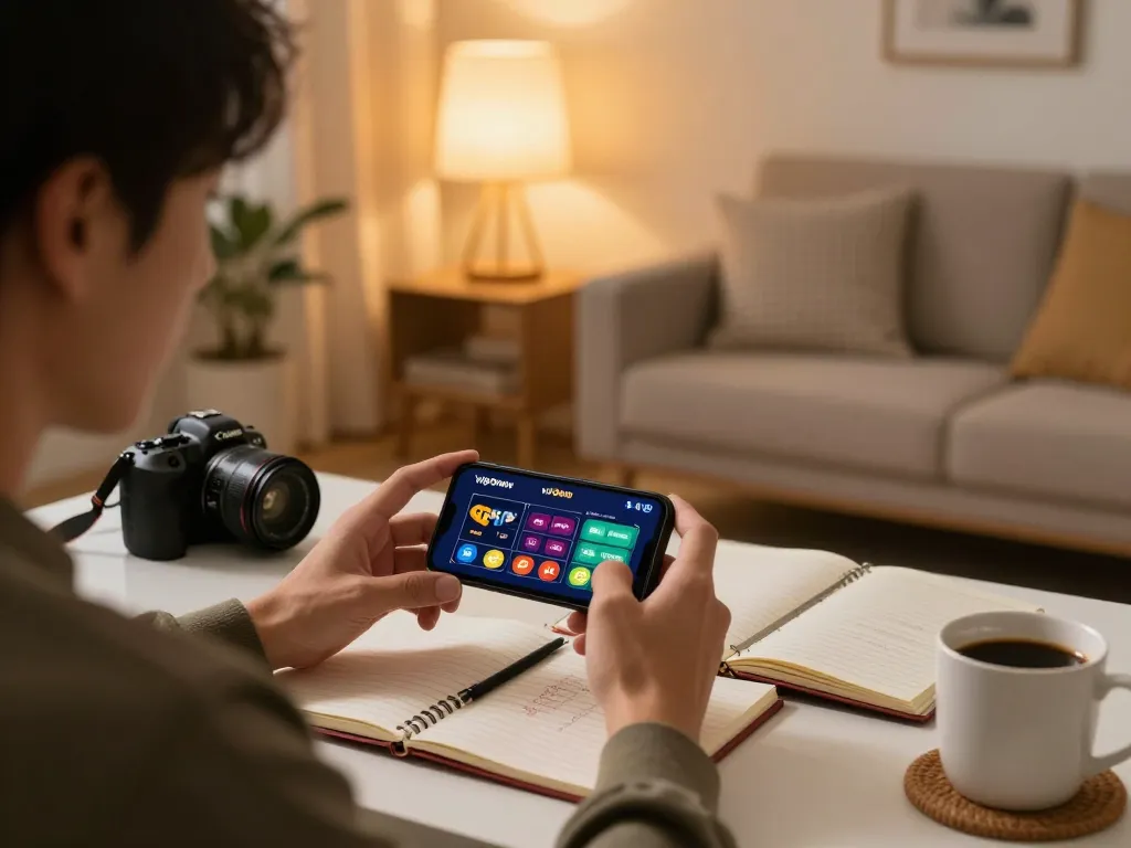 Playing the vip99win casino app on a smartphone in a cozy home setting, focused and strategic