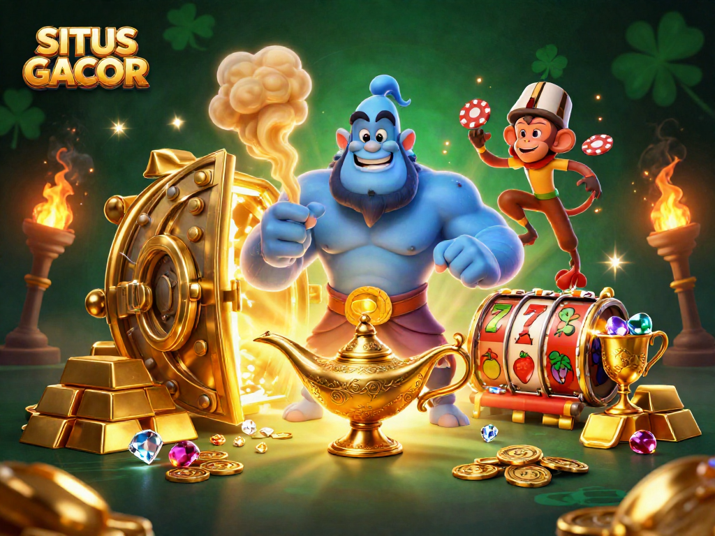 SITUS GACOR captivating 3D illustration showcasing a magical scene filled with gaming elements and treasure.