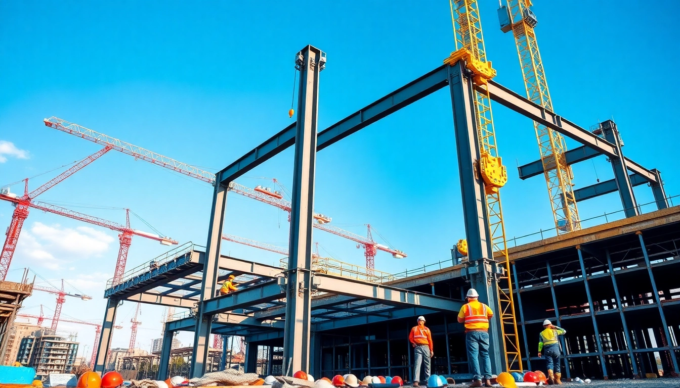 Building structural steel construction framework with workers at an active site.