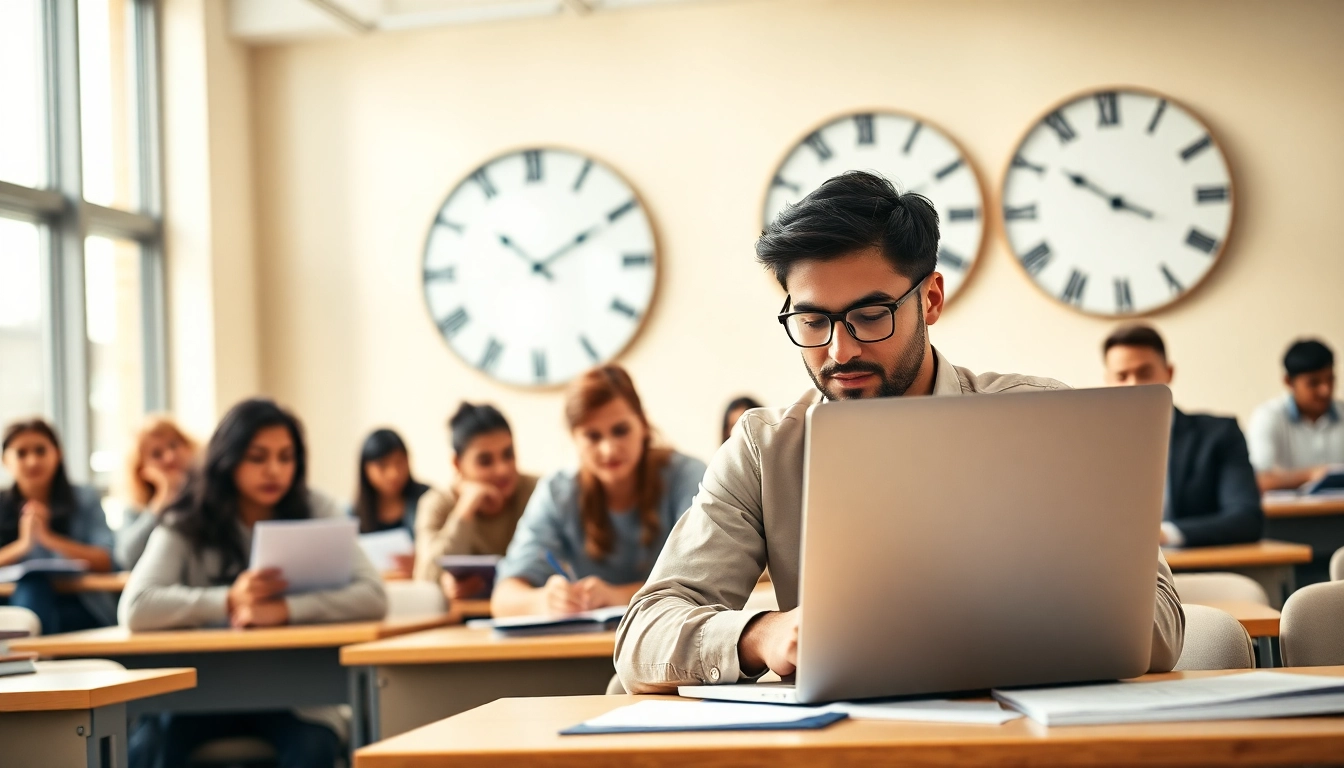 Pay someone to sit my exam with focused students studying in a modern classroom.