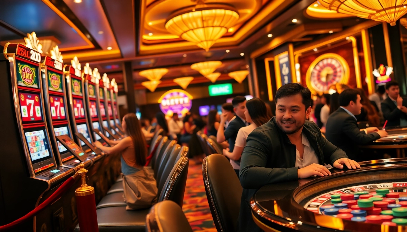 Adegan menarik para pemain menikmati slot deposit pulsa di mesin kasino mewah.