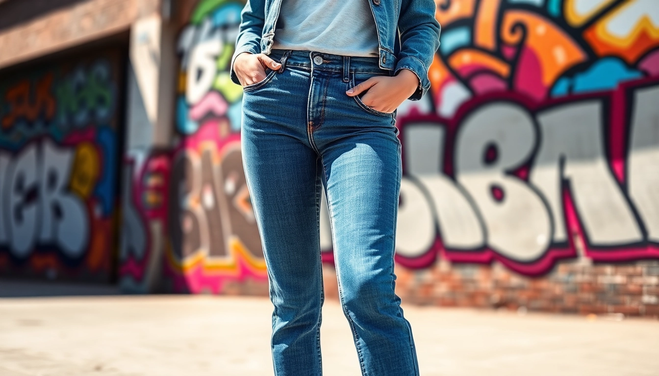 Model showcasing womens tapered ankle jeans in an urban setting with vibrant graffiti.