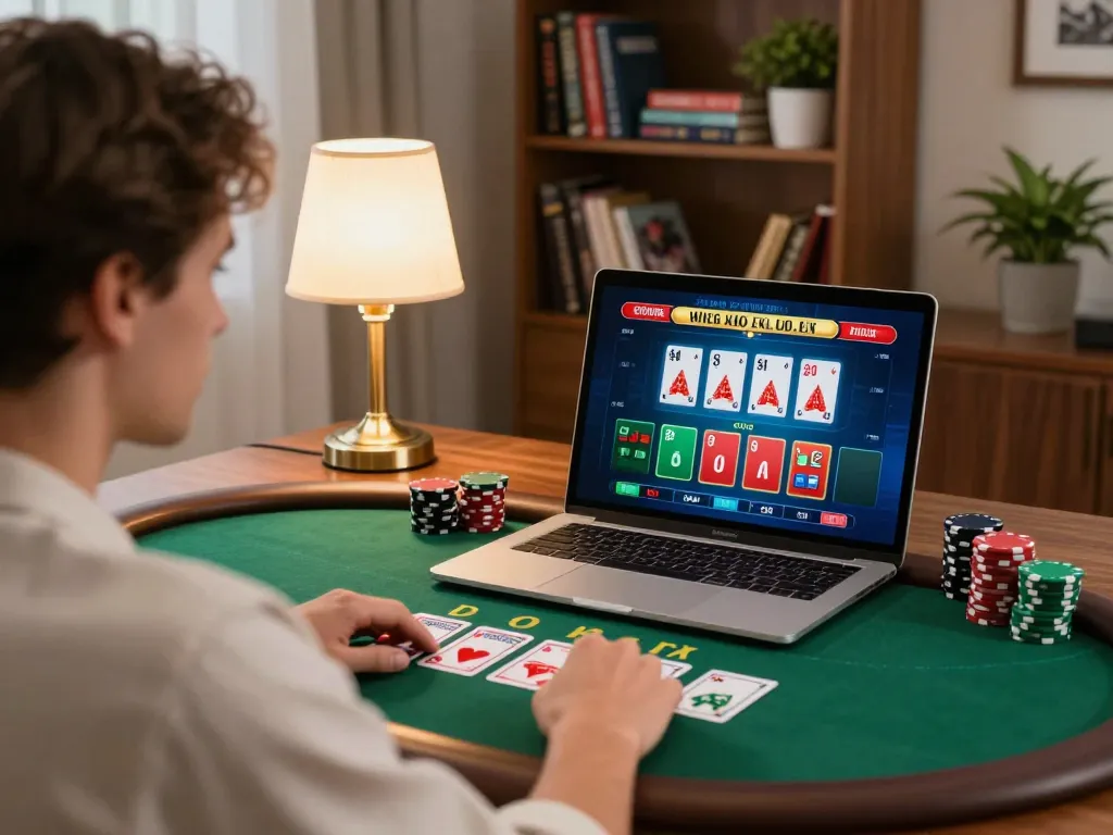 Player experiencing live dealer blackjack online in a cozy home setup, focusing on c168 gameplay strategies